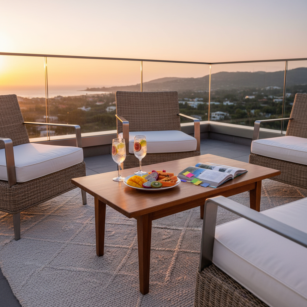 A secluded rooftop terrace lounge overlooks a distant, softly blurred coastline at sunset, with an inviting cluster of low rattan chairs and a teak coffee table arranged atop a woven jute rug. On the table rest two tall glasses of citrus-infused sparkling water, a small plate of artfully sliced tropical fruit, and an open travel guidebook with colorful page markers. The sky glows with pastel oranges and pinks, casting a gentle golden hour light across the scene and producing warm highlights on glass and metal surfaces. Captured in photographic realism from a slightly elevated wide angle, the composition feels airy, romantic, and leisurely, expressing a voyage lifestyle of lingering conversations, shared discoveries, and relaxed enjoyment.