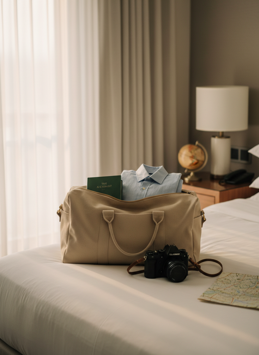 A neatly packed, sand-colored canvas weekender bag sits on a crisp white hotel bed, its brass zippers slightly open to reveal a rolled linen shirt, a slim hardcover book, and a sleek mirrorless camera with a leather strap. On the bedside table, a small globe and a folded city map suggest upcoming discoveries. Soft morning light filters through sheer curtains, lending a gentle glow to the neutral palette and creating delicate, diffused shadows. Shot at eye level in photographic realism with a clean, modern composition that follows the rule of thirds, the scene feels calm, anticipatory, and effortlessly stylish, capturing the essence of preparing to live, love, and enjoy a new voyage.