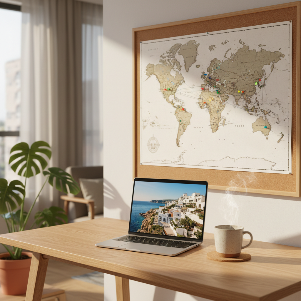 A minimalist wooden desk in a bright, modern apartment is arranged as a voyage-planning sanctuary: a large world map pinned to a cork board, colorful pushpins marking dream destinations, an open laptop showing a coastal town, and a ceramic mug steaming with herbal tea. A small potted monstera plant adds lush green leaves to the corner, partially catching the light. Soft mid-morning daylight pours in from a nearby window, creating clean, natural highlights on the map and screen while leaving the background gently out of focus. Captured in photographic realism at eye level with an intimate depth of field, the mood is hopeful, organized, and quietly excited, reflecting the talk-and-plan side of a travel-loving lifestyle.