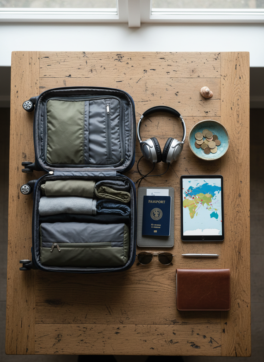 An elegantly arranged flat lay of voyage essentials spreads across a reclaimed oak table: a deep-blue hard-shell suitcase partially open with neatly organized packing cubes, a glossy passport, noise-cancelling headphones, and a slim tablet displaying a vibrant world map. A small ceramic dish holds foreign coins and a tiny seashell, nodding to past and future journeys. Overhead, soft, diffused daylight from a large window illuminates every texture, from brushed metal to woven fabric, creating gentle, natural shadows. Photographic realism and sharp focus across the frame emphasize order and intention, while the warm, inviting color palette conveys a lifestyle of thoughtful exploration, trying new experiences, and savoring each detail of the trip.