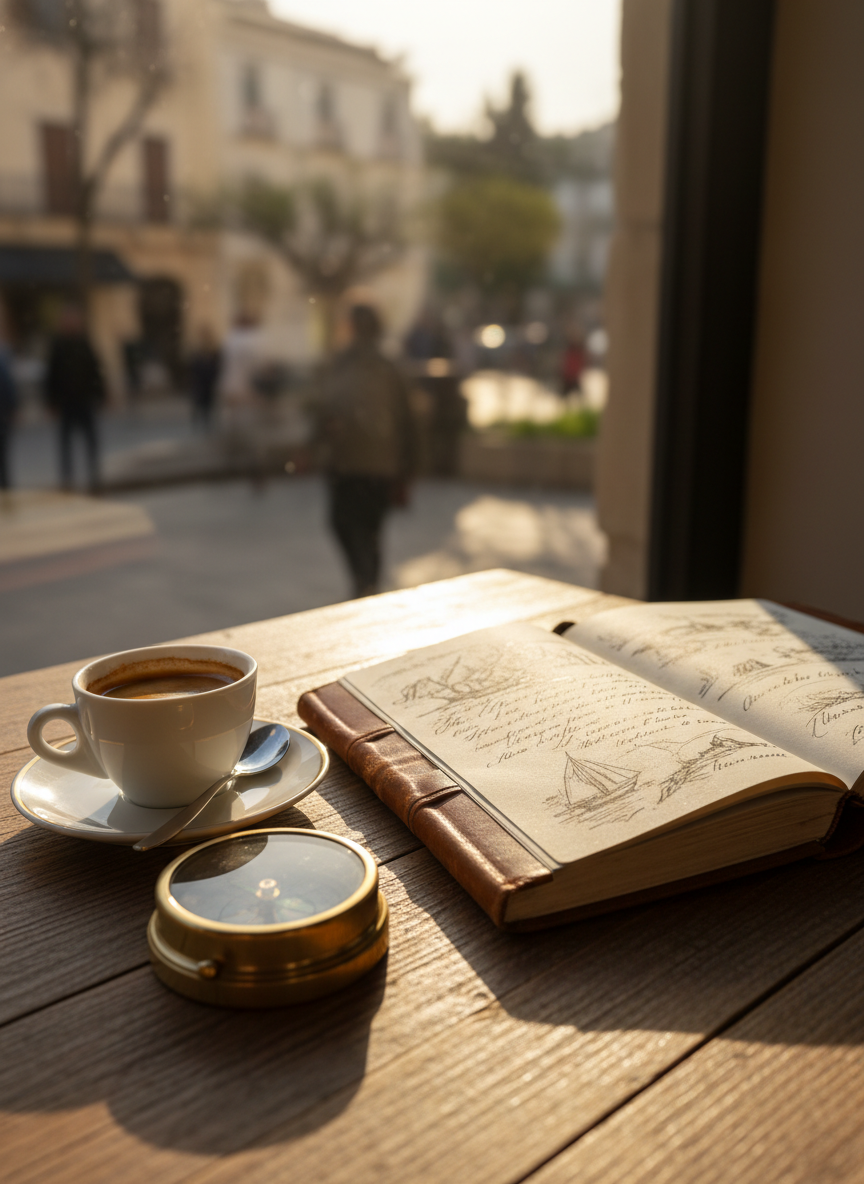 A weathered leather travel journal lies open on a sunlit wooden café table, its creamy pages filled with looping handwritten notes and tiny sketches of distant coastlines. Beside it rests a vintage brass compass and a half-finished porcelain cup of espresso, rich and dark. Outside the blurred window, muted colors hint at a bustling foreign street. Late-afternoon golden light streams in at an angle, catching the subtle grain of the wood and creating soft, elongated shadows. Captured in photographic realism from a slightly elevated, three-quarter view with a shallow depth of field, the atmosphere feels warm, contemplative, and quietly adventurous, perfectly embodying a voyage lifestyle of talking, trying, living, loving, and enjoying the world.